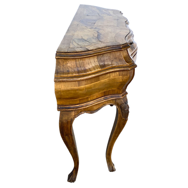 Pair Italian Baroque Style Circassian Walnut Veneer Bombe Side Tables