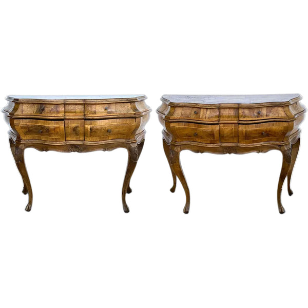 Pair Italian Baroque Style Circassian Walnut Veneer Bombe Side Tables