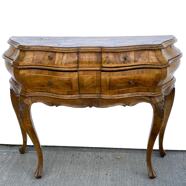 Pair Italian Baroque Style Circassian Walnut Veneer Bombe Side Tables