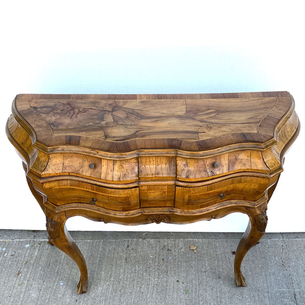 Pair Italian Baroque Style Circassian Walnut Veneer Bombe Side Tables