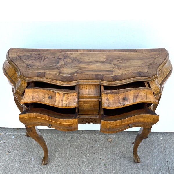 Pair Italian Baroque Style Circassian Walnut Veneer Bombe Side Tables