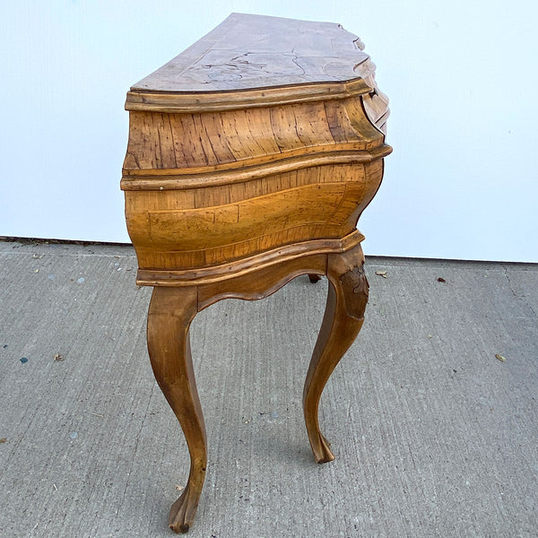 Pair Italian Baroque Style Circassian Walnut Veneer Bombe Side Tables