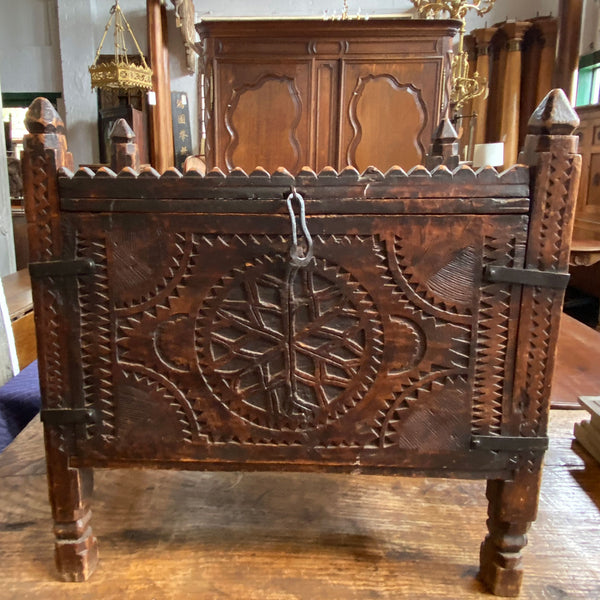 Afghan Iron Mounted Carved Wood Dowry Chest