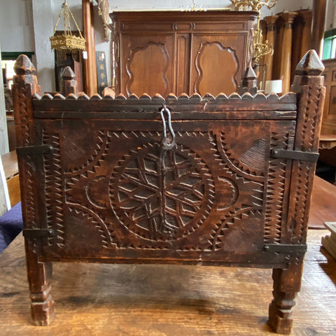 Afghan Iron Mounted Carved Wood Dowry Chest