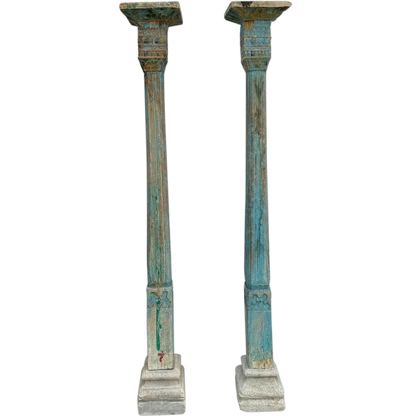 Pair of Indian Blue Painted Teak and Limestone Base Architectural Columns