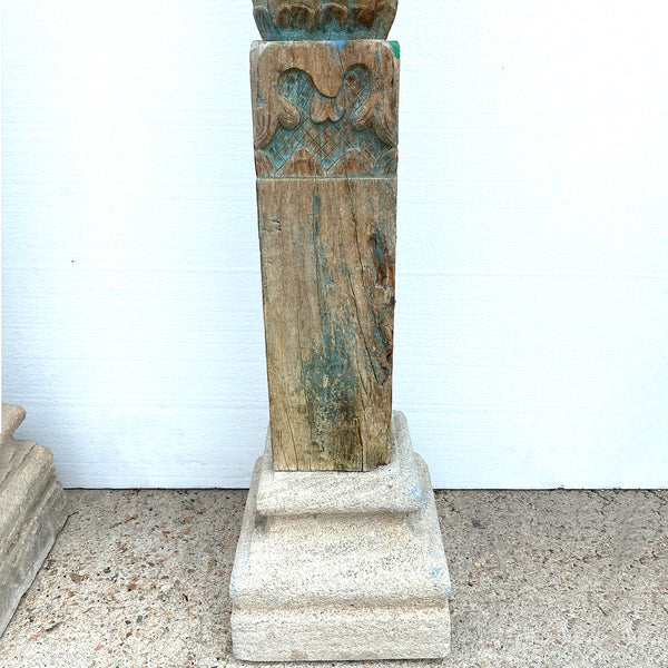 Pair of Indian Blue Painted Teak and Limestone Base Architectural Columns