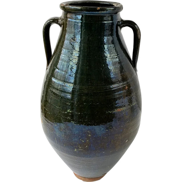 Large Turkish Green Glaze Terracotta Pottery Two-Handle Olive Jar