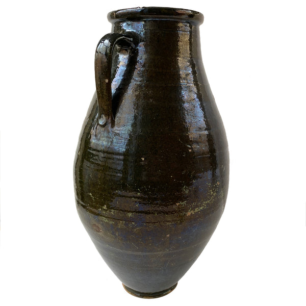 Large Turkish Green Glaze Terracotta Pottery Two-Handle Olive Jar