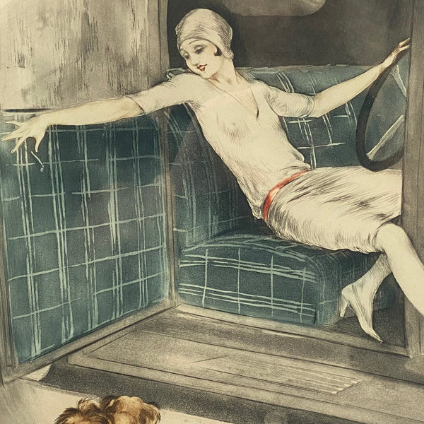 LOUIS ICART Color Drypoint and Aquatint Etching on Paper, Lady with Pekingese