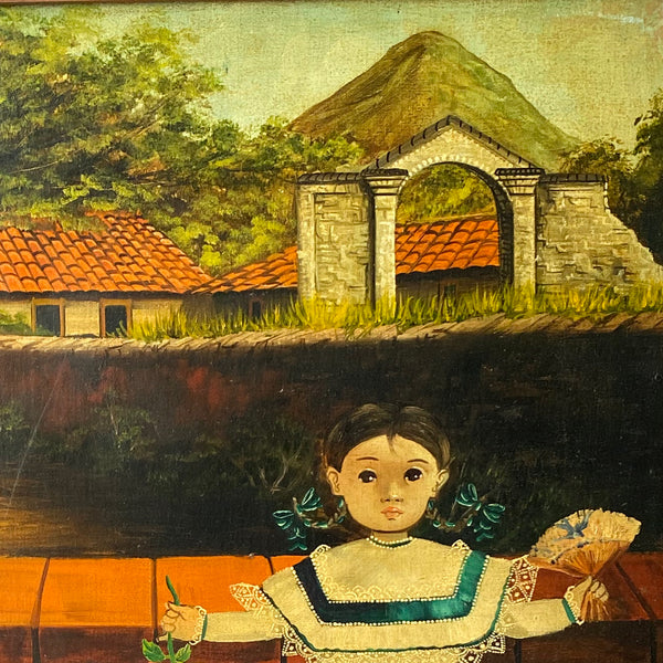 AGAPITO LABIOS Folk Art Oil on Canvas Painting, Portrait of a Girl