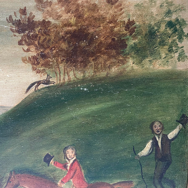 English Folk Art Oil on Board Painting, Fox Hunt Scene