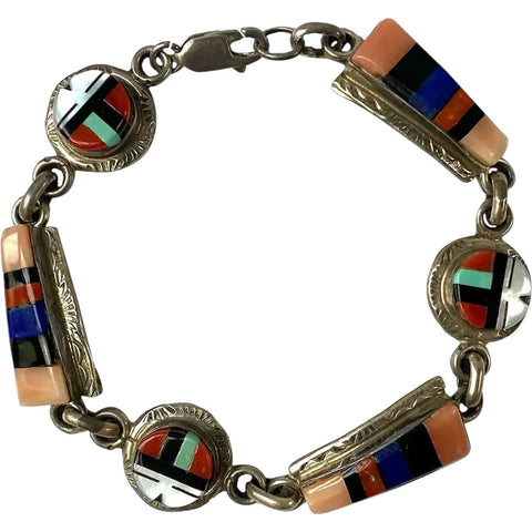 Native American Raylan & Patty Edaakie Zuni Silver and Mosaic Stone Sunface Bracelet