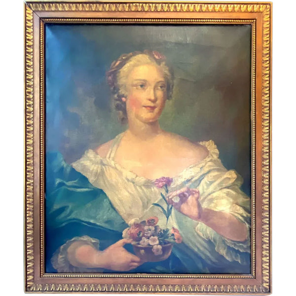 French School Rococo Style Oil on Canvas Painting, Portrait of a Lady