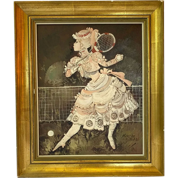 MARYAN RIBAS Oil on Canvas Painting, Victorian Girl Playing Tennis