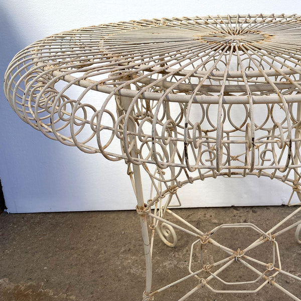 Small Vintage French White Painted Wrought Iron Wire Round Garden Table