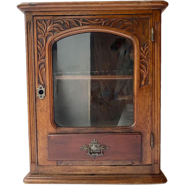 Small French Provincial Walnut Glass One-Door Hanging Wall Cupboard