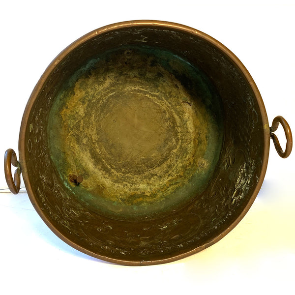 French Copper Repousse Round Two-Handle Planter / Jardiniere Pot