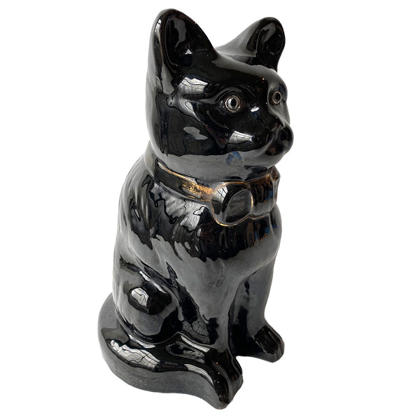 English Victorian Staffordshire Jackfield Earthenware and Glass Black Cat