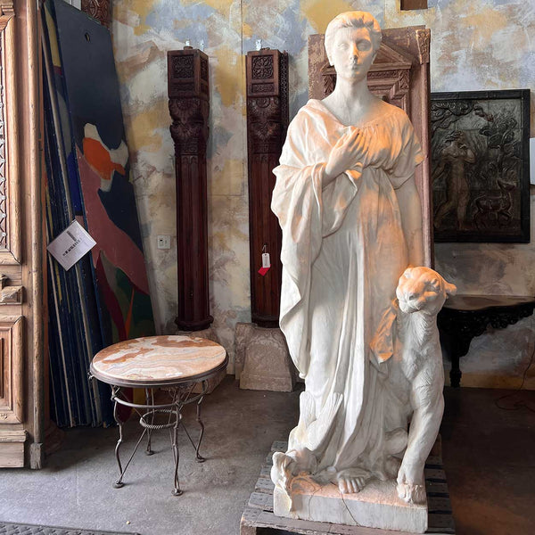Large HENRI CRENIER Marble Sculpture Neoclassical Figure and Leopard