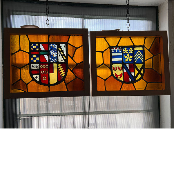 Pair of French Stained and Leaded Glass Heraldic Windows