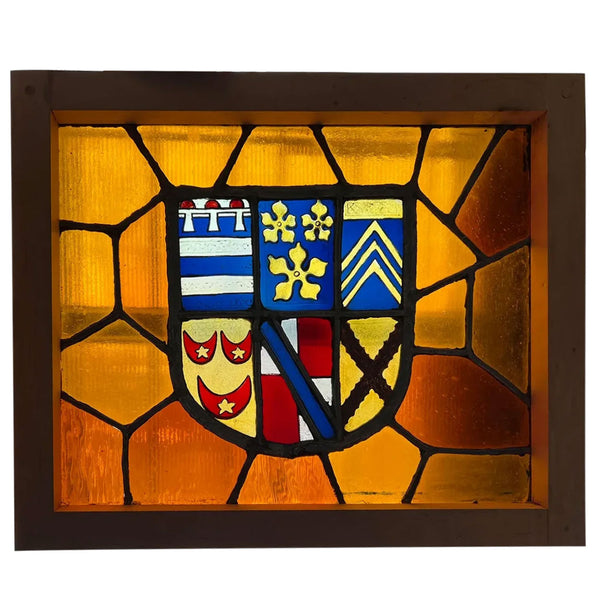 Pair of French Stained and Leaded Glass Heraldic Windows