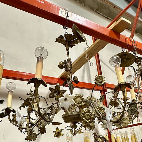 French Bronze and White Opaline Glass Lily and Poppy Chandelier
