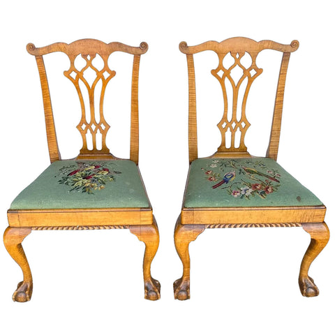 Pair American Chippendale Style Tiger Maple Upholstered Seat Dining Side Chairs