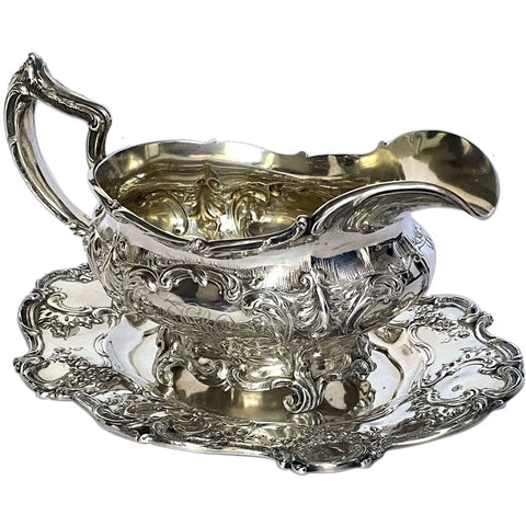 American Gorham for J. E. Caldwell Sterling Silver Chantilly Grand Sauce Boat and Tray