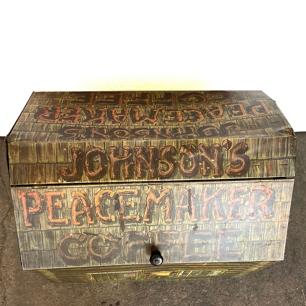 American Lithographed Tin Johnson's Peacemaker Bulk Coffee Advertising Bin