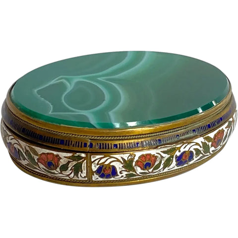 French Gilt Metal Champleve Enamel and Green Agate Oval Snuff / Pill Box
