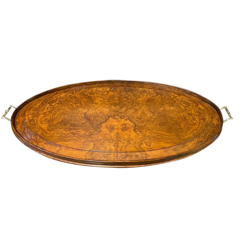 Large English Georgian Style Burled Walnut and Brass Oval Gallery Serving Tray