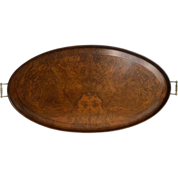 Large English Georgian Style Burled Walnut and Brass Oval Gallery Serving Tray