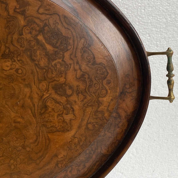 Large English Georgian Style Burled Walnut and Brass Oval Gallery Serving Tray