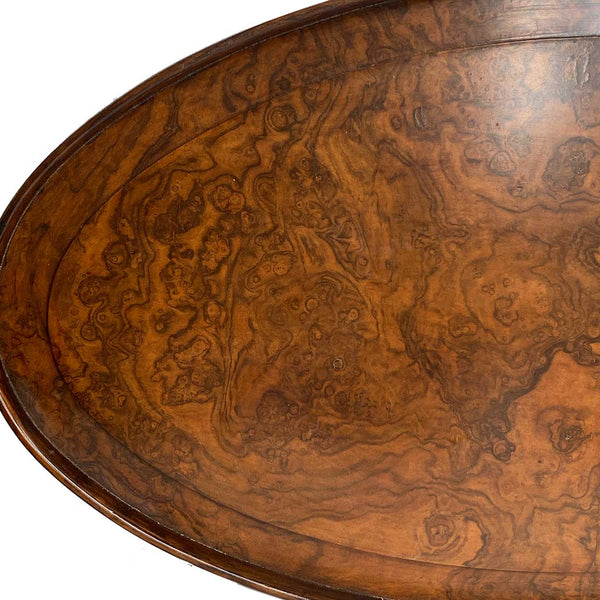 Large English Georgian Style Burled Walnut and Brass Oval Gallery Serving Tray
