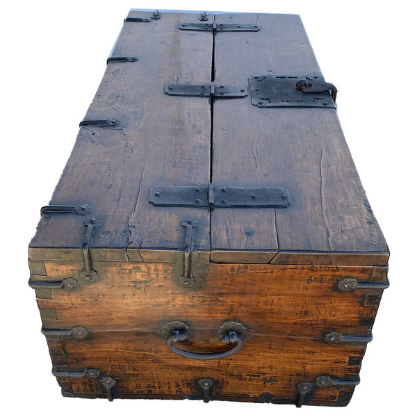 Korean Joseon Dynasty Wrought Iron Mounted Wood Coin Chest (Ton-Kwe)