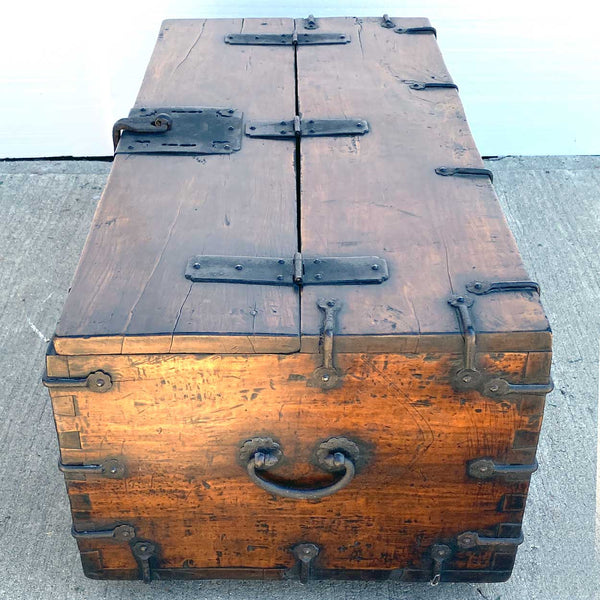 Korean Joseon Dynasty Wrought Iron Mounted Wood Coin Chest (Ton-Kwe)