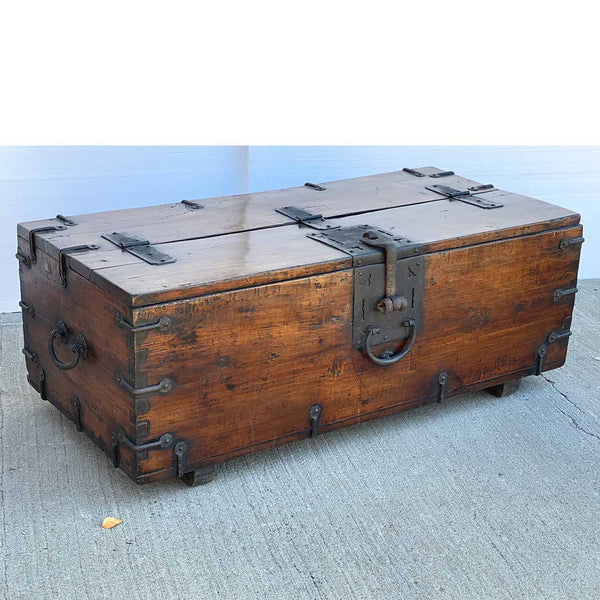 Korean Joseon Dynasty Wrought Iron Mounted Wood Coin Chest (Ton-Kwe)