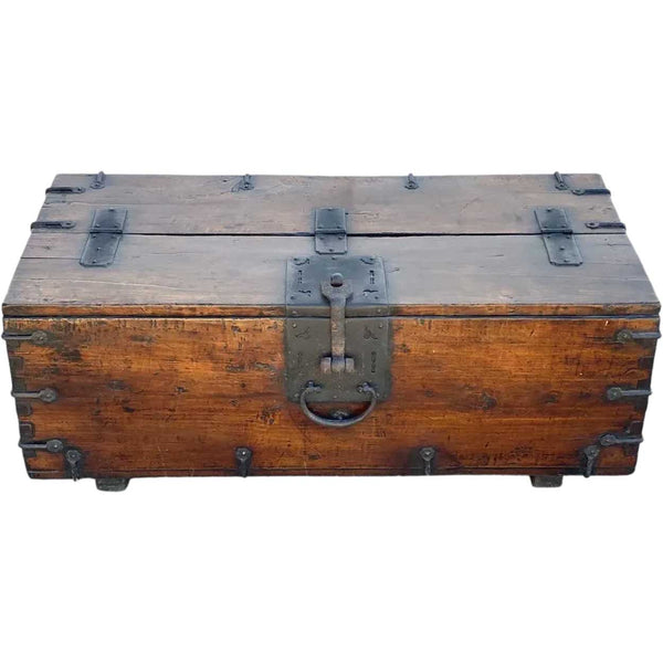 Korean Joseon Dynasty Wrought Iron Mounted Wood Coin Chest (Ton-Kwe)