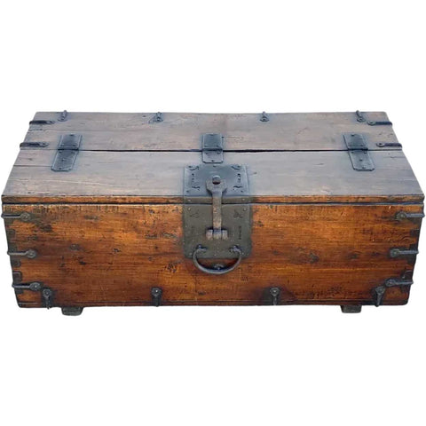 Korean Joseon Dynasty Wrought Iron Mounted Wood Coin Chest (Ton-Kwe)