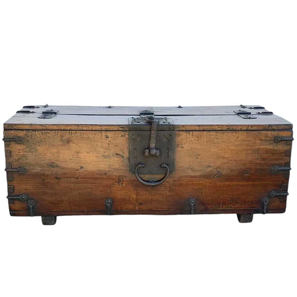 Korean Joseon Dynasty Wrought Iron Mounted Wood Coin Chest (Ton-Kwe)