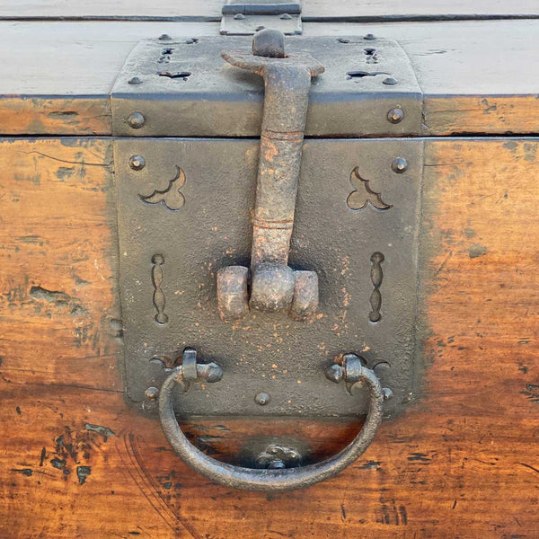 Korean Joseon Dynasty Wrought Iron Mounted Wood Coin Chest (Ton-Kwe)