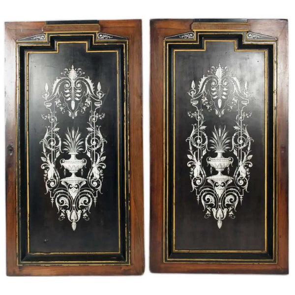 Pair French Napoleon III Ebonized Mahogany, Mother-of-Pearl Cabinet Doors