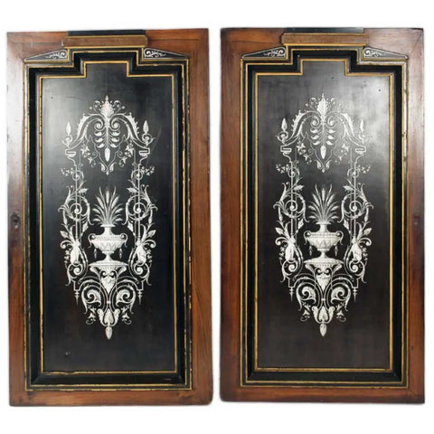 Pair French Napoleon III Ebonized Mahogany, Mother-of-Pearl Cabinet Doors