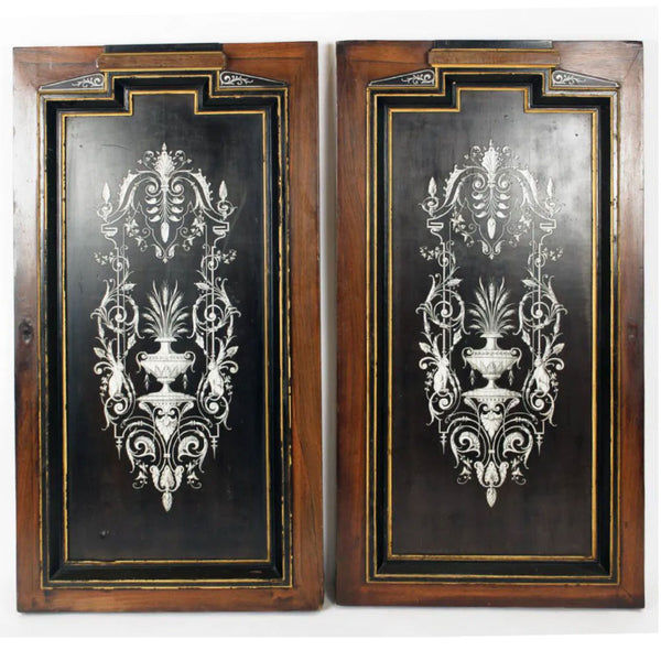 Pair French Napoleon III Ebonized Mahogany, Mother-of-Pearl Cabinet Doors