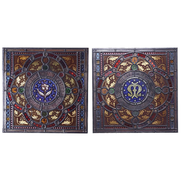 Pair of Irish Stained, Painted and Leaded Glass Window Panels