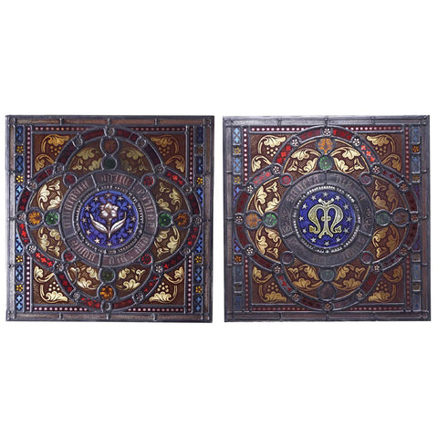 Pair of Irish Stained, Painted and Leaded Glass Window Panels