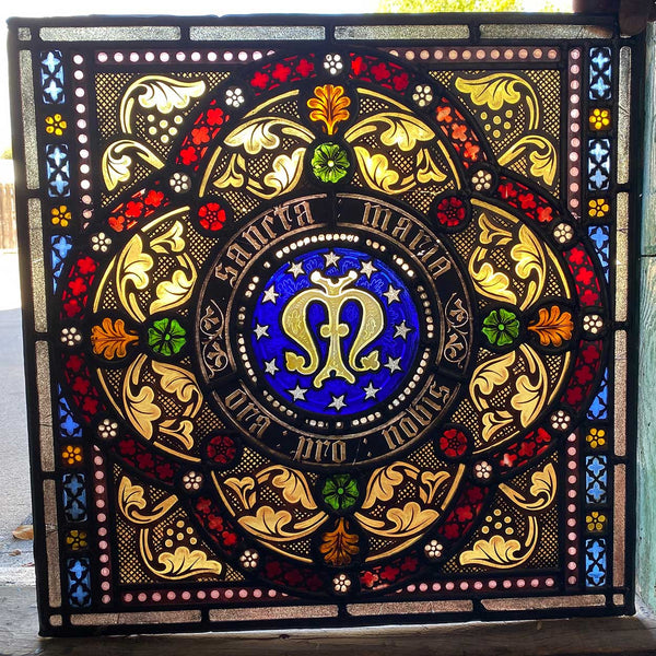 Pair Irish Gothic Revival Stained, Painted, Jewelled and Leaded Glass Windows