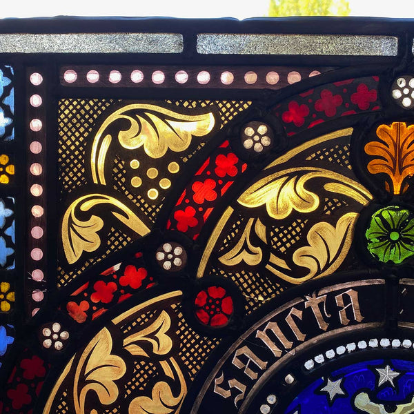 Pair Irish Gothic Revival Stained, Painted, Jewelled and Leaded Glass Windows