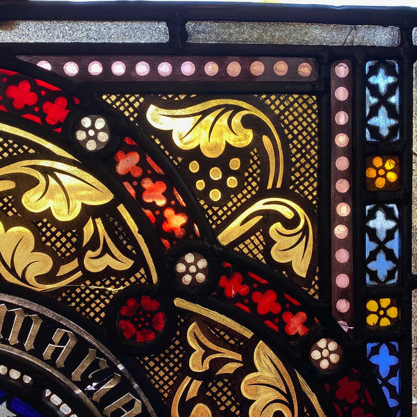 Pair Irish Gothic Revival Stained, Painted, Jewelled and Leaded Glass Windows