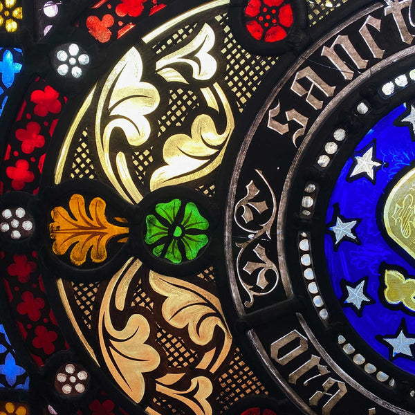 Pair Irish Gothic Revival Stained, Painted, Jewelled and Leaded Glass Windows